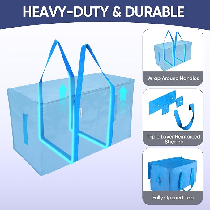TICONN 6 Pack Extra Large Moving Bags Heavy Duty with Zippers & Carrying Handles, Durable Storage Bags Moving Boxes for Closet Organizers and Storage (6 Pack, Sky Blue) - Image 3