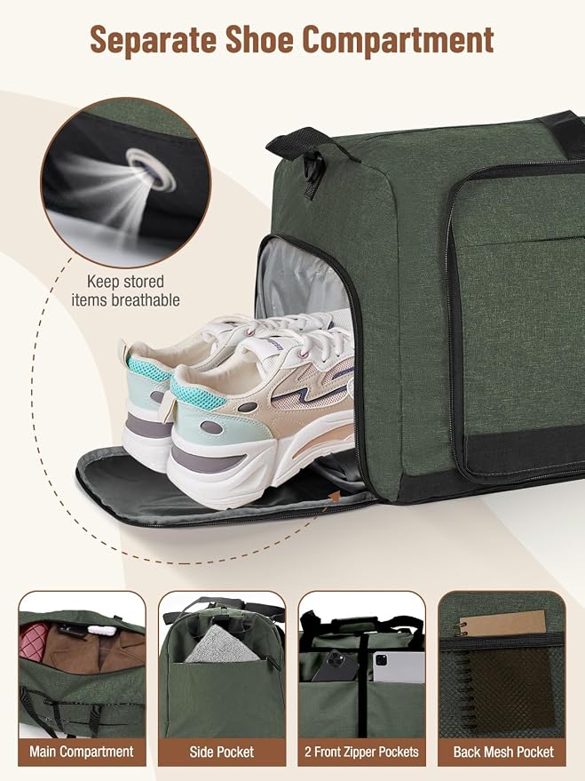 Lekesky Foldable Travel Duffel Bag for Women, 80L Large Duffle Bag with Separate Shoes Compartments & Straps, Carry On Weekend Bag for Women, Hospital, Overnight(Green) - Image 4