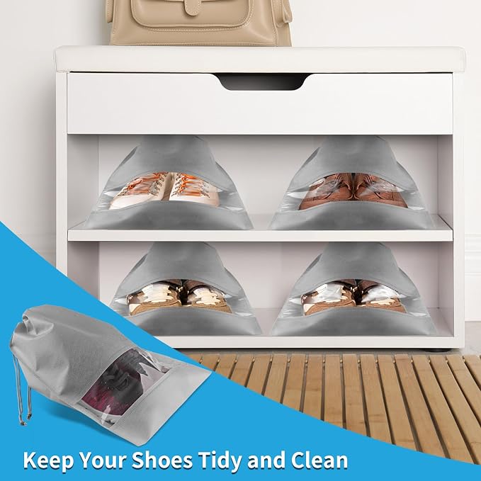 Grey Travel Shoe Bags - 5 Pcs Non-Woven Packing Bags with Clear Window | 15.7" x 11.8" Waterproof Dustproof Portable Travel Shoe Storage Bag for Men and Women - Image 4