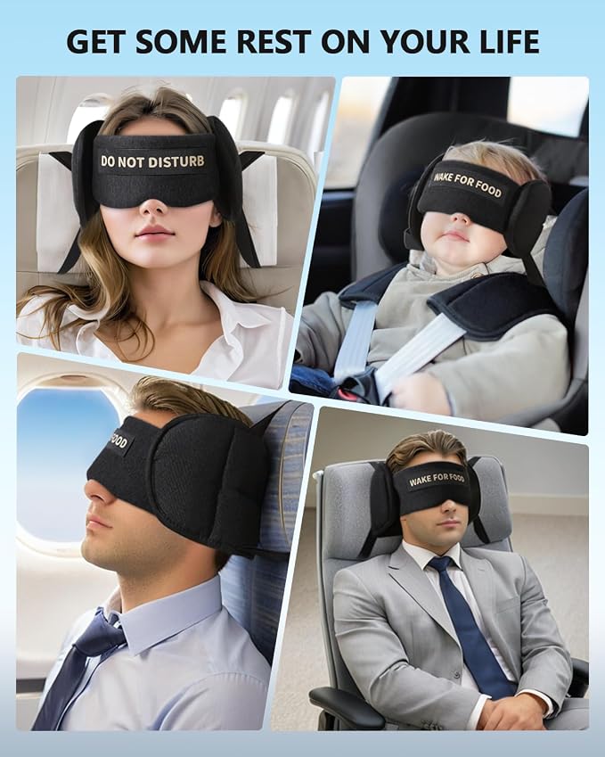 Travel Pillows for Airplanes, Airplane Pillow for Long Flights Sleeping Travel, Airplane Head Strap with Eye Mask 360° Support Headrest for Plane Road Trip Sleep, Stop Head Bobbing（Black） - Image 6