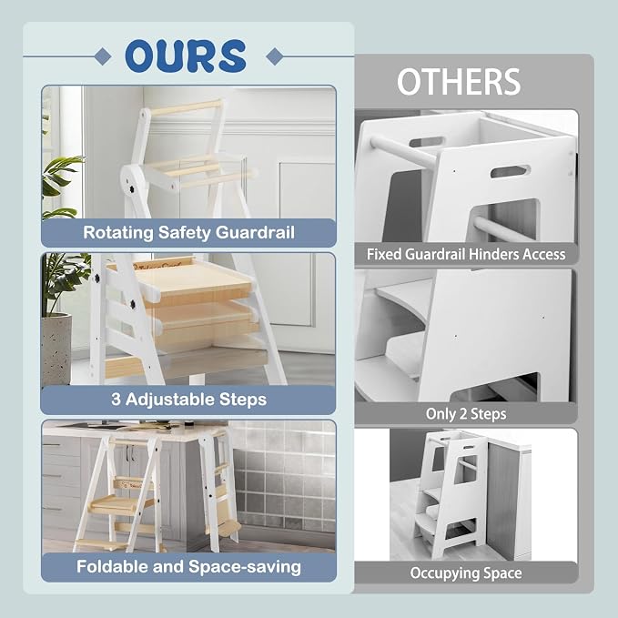 Foldable Toddler Kitchen Stool Helper with 3 Adjustable Heights,Aged 1-6 | CPSC Test,Wooden Collapsible Toddler Tower with Safety Rails&Feet,Wide Pedal,for Kitchen Cooking, Baking or Washing Hands - Image 4