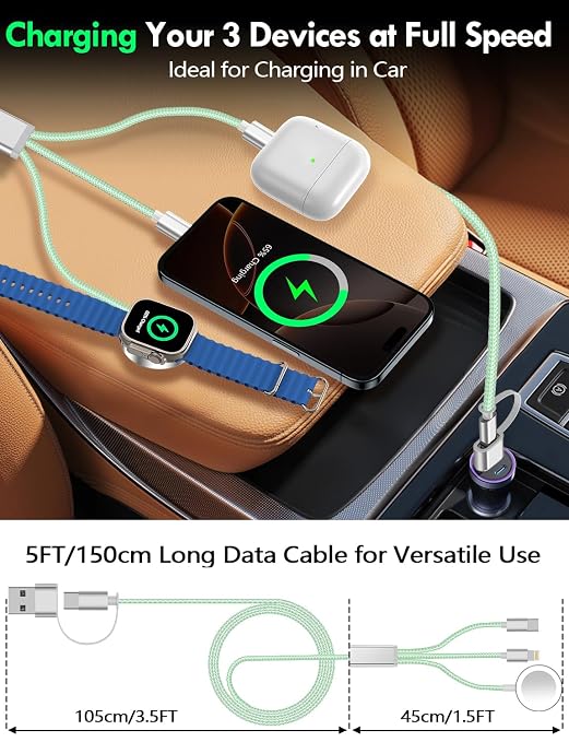 Travel Essentials for Apple Watch Charger,iPhone Charger,3 in 2 Type C/Lightning/Magnetic Travel Charging Cable,Portable Multi Charging Cable for Apple Watch, iPhone 17‑11,Samsung S26,Car,iPad-5FT - Image 7