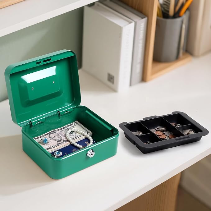 Jssmst Medium Cash Box with Key Lock - Durable Metal Cash Box with Money Tray, Green, Medium - Image 6