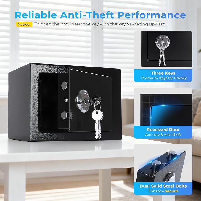 Small Safe Box for Home, Wall Safes 0.23 Cubic Feet, Heavy Duty Steel Safety Lock Box with 3 Keys for Money, Documents, Passort, Jewelry 9.06"x 6.69"x 6.69" - Image 5