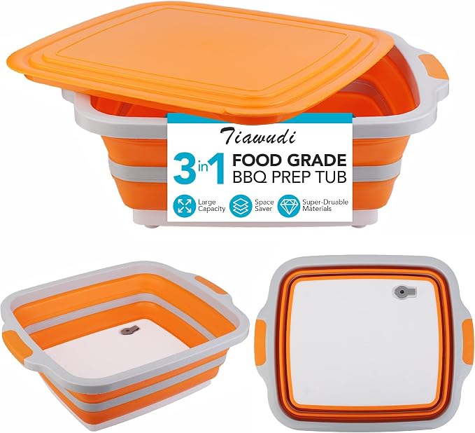 Tiawudi Large Collapsible BBQ Prep Tub with Lid(4.22 Gal/16L), Foldable Camping Sink with Colander, Cutting Board, Dish Basin for Kitchen, Bowl, Vegetable and Fruit, Storage Basket for Picnic by Tiawudi
