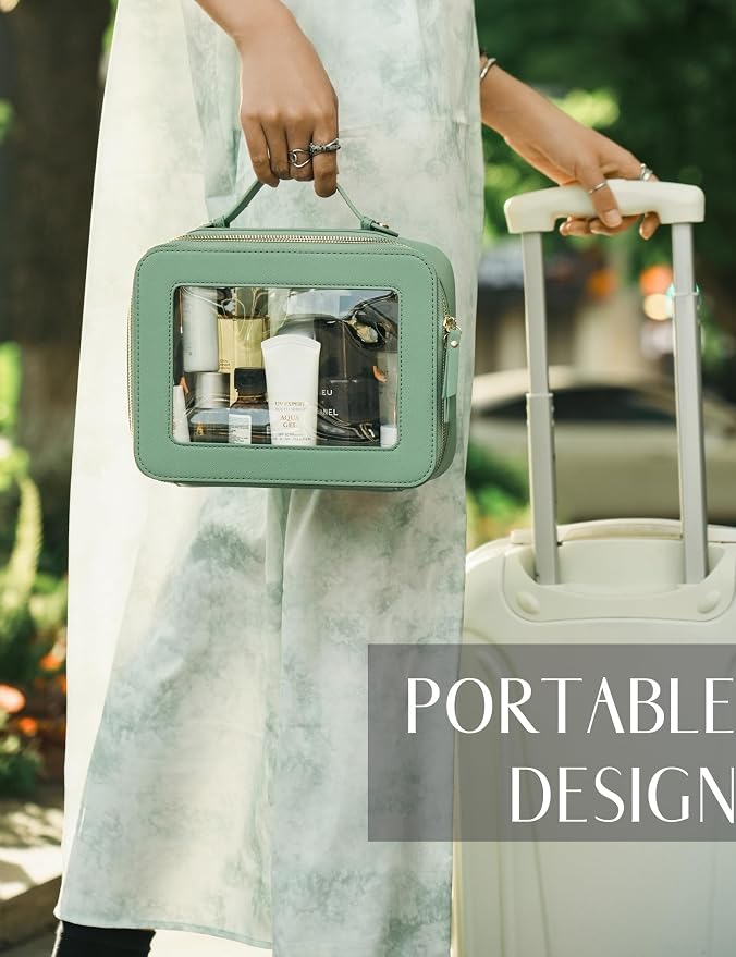 Clear Makeup Bag Mahjong Tile Bag with Zipper and Handle Sage Green | Structured Large Travel Makeup Bag for Toiletries for Women, Big Long-trip Cosmetic Case, Waterproof PU Leather, Wide Opening - Image 3