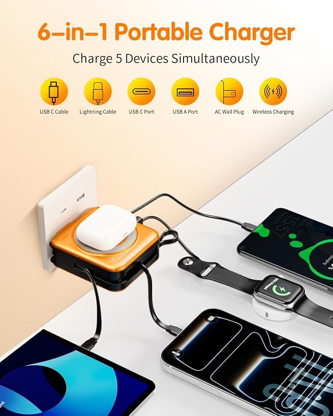 10000mAh for Magsafe Portable Charger Built-in Cables & AC Wall Plug,Orange | 6-in-1,PD 22.5W USB C Fast Charging,15W Magnetic Wireless Charging,Charge 5 devices at once,LED Display Travel Power Bank - Image 4