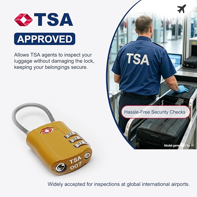 TSA Locks for Luggage, Small Padlock Combination with Cable, Luggage Locks TSA Approved, Combo Padlock with Code, for Travel Suitcase, Gym Locker, Gun Case, Backpack Zipper (Black+Golden) - Image 3