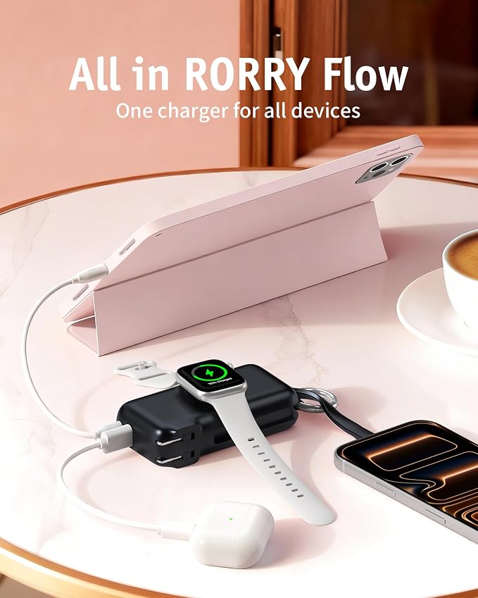 RORRY Flow Portable Charger 10000mAh 40W Wall Plug Power Bank Battery Pack | Built-in USB-C Cable, Keychain Design, Fast Charging, for iPhone 17/16/15, Apple Watch, iPad, 3-in-1, Travel Essential - Image 2