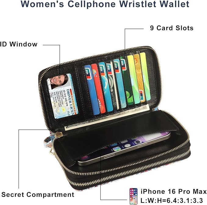 RFID Blocking Cellphone Wallet for Women with Removable Strap, Double Zipper Wristlet Bag Large Capacity, Ladies Travel Clutch Purse, Artistic Flower - Image 3