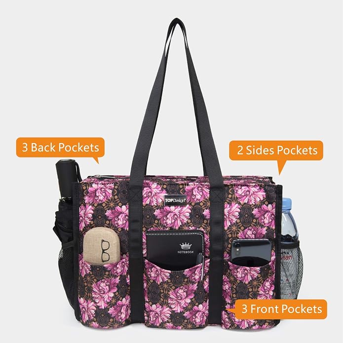 TOPDesign Utility Water Resistant Tote Bag with 13 Pockets, Top Zipper Closure & Thick Bottom Support, for Working Women - Image 3