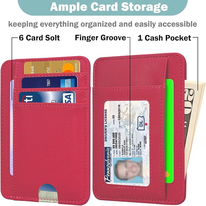 Slim Wallet for Men, Minimalist Front Pocket Simple Leather Credit Card Holder RFID Blocking for Men & Women, Thin Organizer Gifts, Litchi - Hot Pink - Image 2