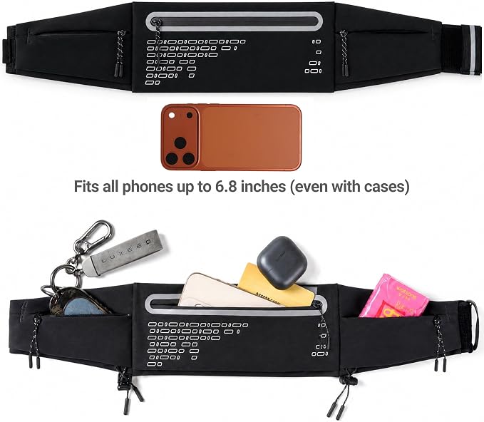 Running Belt Fanny Pack Men Women, Slim No-Bounce Waterproof Phone Holder | Adjustable Elastic Strap Fits 27-43" Hips, Detachable Race Bib Clips, Energy Gel & Sunglasses Loops, 3 IPX4 Pockets - Image 2