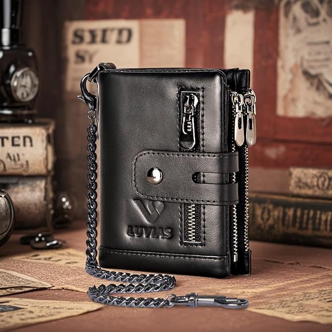 Anti-Theft Mens Wallet with Chain Genuine Leather ID Window Purse with RFID Blocking Bifold Double Zipper Coin Pocket with Gift Box - Image 7