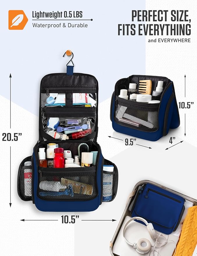 VENTURE 4TH Hanging Travel Toiletry Bag, 18 Compartments - Navy Blue | Hangs on rails, hooks or doors; stands upright. Removable TSA pouch. Water-resistant Nylon 290D Twill, reinforced stitching. - Image 2