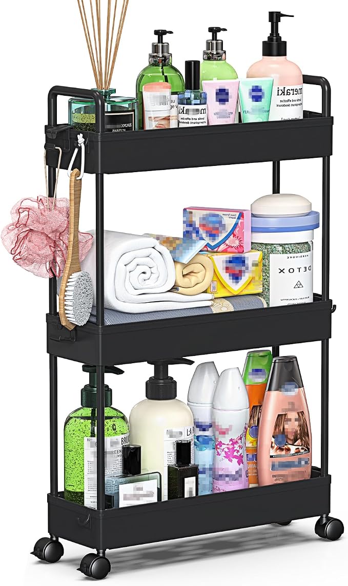 SOLEJAZZ Slim Rolling Storage Cart Skinny Bathroom Organizer, 3 Tier, Black | Thin utility cart with wheels for bathroom, laundry room, bedside, kitchen, dorm, office, next to fridge, small narrow places - Image 8