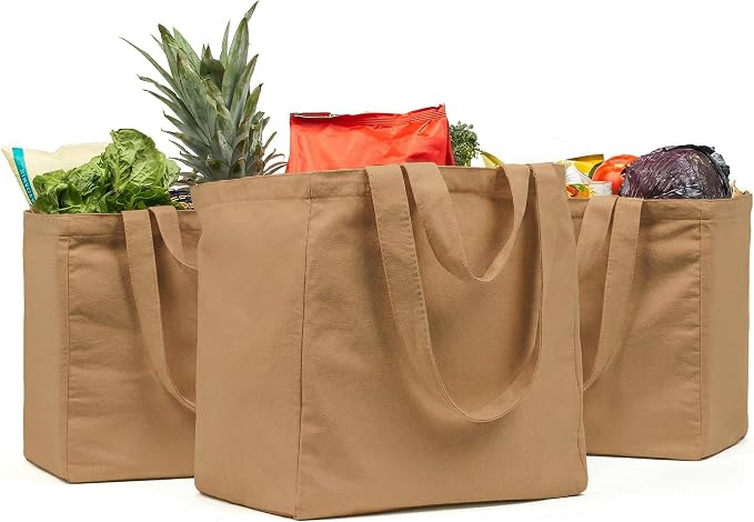 VeraMia Canvas Grocery Bag 3pc XL Set with Real Pockets, Long Shoulder Strap and Short Handle. Heavy Duty, Foldable, Washable by VeraMia