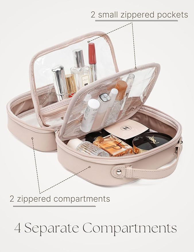 Clear Cosmetic Bag Double Layer Travel Toiletry Bag Clear Makeup Bag Case with 4 Compartments, Transparent Travel Bag for Toiletries, Large Toiletry Bag for Women Cosmetic Case (Taupe, Large) - Image 3
