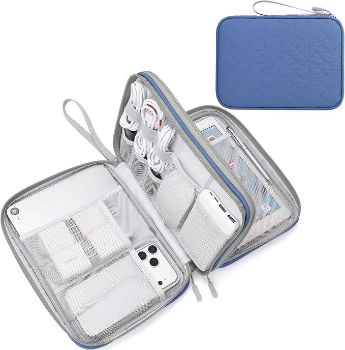 FYY Electronic Organizer, Travel Tech Pouch Bag, Extra Large, Blue Quilted | Wrist Strap, Waterproof, Double Layers Electronics Travel Case for iPad, Cord, Laptop Charger, Daily and Business Trips Use by FYY