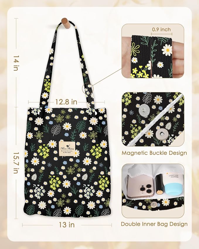 Miss Adola Designer Corduroy Tote Bag for Women | 3 Magnetic Buckles, Aesthetic Pattern, Reusable, Soft, Roomy Carry for Work, Travel, Grocery Runs - Image 5