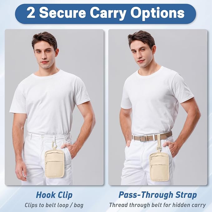Anti-Theft Belt Waist Travel Wallet Hidden Passport 3-Zone Clip Carabiner | Water-resistant fabric with RFID blocking liner, fits passport, tickets, cards, and cash in 3 zones - Image 4