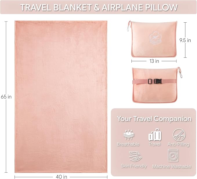 Travel Blanket, Soft 2-in-1 Airplane Blanket, 65x40 Inches, Travel Blanket Airplane Compact with Bag, Car Blanket with Luggage Sleeve & Backpack Clip (Peachy Pink) - Image 2