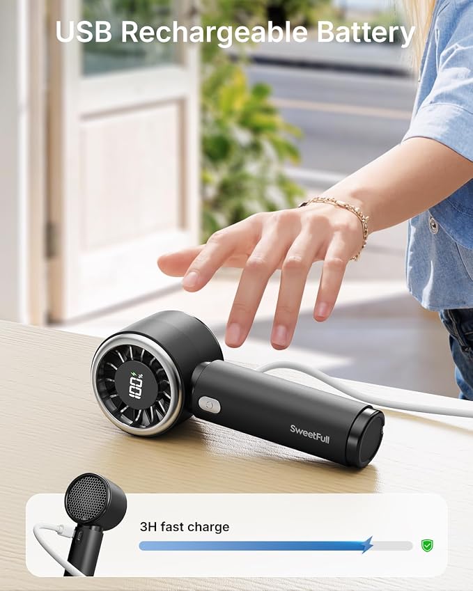 SWEETFULL Portable Handheld Fan, Mini Rechargeable Personal Hand Fan | Strong Airflow, Pocket-Sized, Up to 12H, 5 Speeds, Quiet Cooling Travel Essentials, Cute Gifts for Women, Girls, Lash, Makeup - Image 5