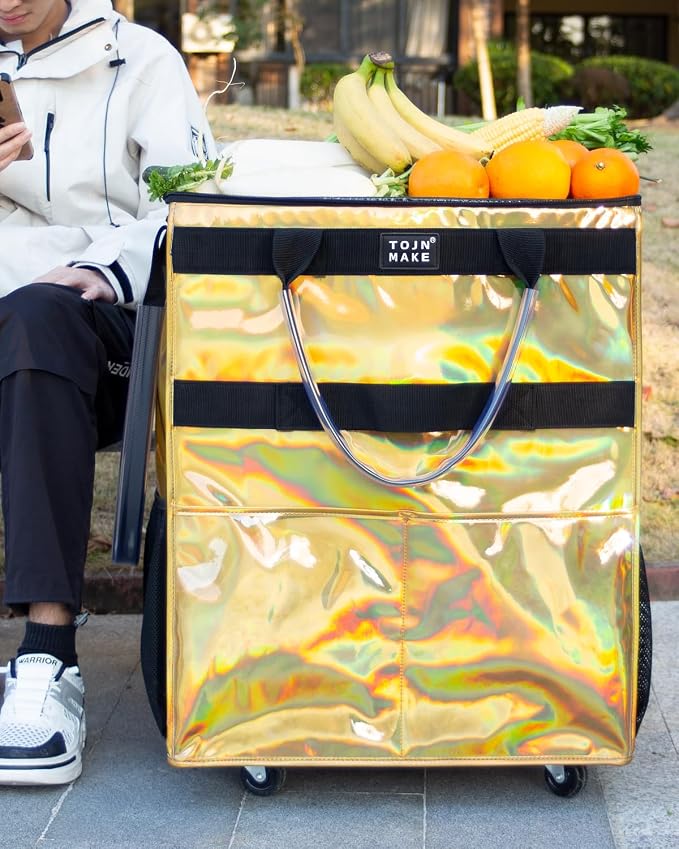 Reusable Grocery Bag with Wheels, Large Glitter Gold Rolling Tote | 8 Pockets, Zipper Cover, Foldable for Women, Kitchen, Travel, Carries Up to 76LBS - Image 2