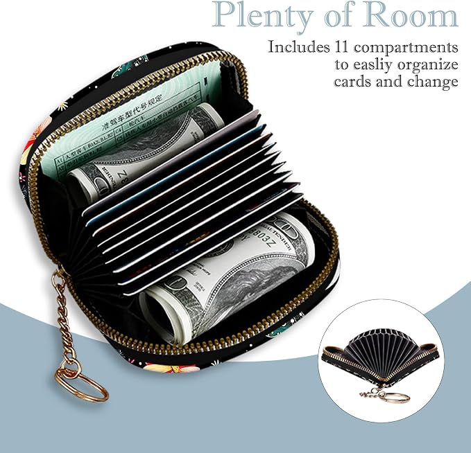 Women's Slim RFID Wallet – Compact Leather Card Holder Wallet for Women, 9 Card Slots RFID Blocking Credit Card Organizer, Small Travel Wallet - Butterfly Moon Flower - Image 3