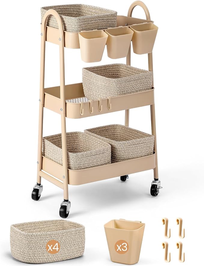 3-Tier Rolling Utility Cart with 4 Woven Baskets, Diaper Book Snack Cart, Storage Organizer for Nursery, Kitchen, Craft Room, Home SPA, Living Room, Metal Frame Trolley on Lockable Wheels, Brown by AOZITA