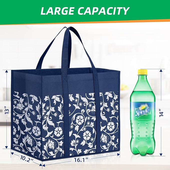 Reusable Grocery Bags Foldable Tote Bags bulk Shopping Bags 6-Pack, Blue | Reinforced Handles Shopping Bags for Groceries Heavy Duty Kitchen Reusable Grocery Bags with Waterproof Coating - Image 3
