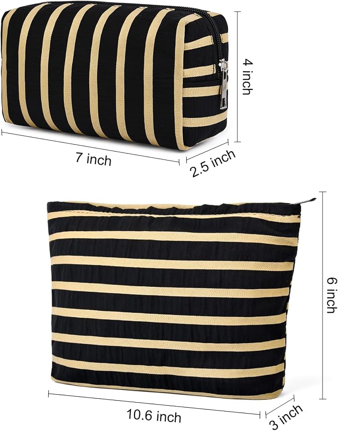 SOIDRAM 2 Pieces Makeup Bag Large Stripe Cosmetic Bag Capacity Canvas Mix Travel Toiletry Bag Organizer Cute Makeup Brushes Aesthetic Accessories Storage Bag for Women, Stripe Mix Black - Image 3