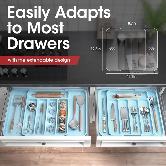 Aujen Silverware Drawer Organizer, Adjustable Utensil Cutlery Tray | Expandable Kitchen Organizer for Forks Knives, Multipurpose Kitchen Storage, Apartment Essentials, Blue, Medium - Image 2