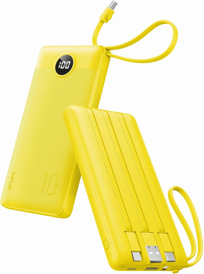 VRURC Portable Charger, Built-in 4 Cables Portable Phone Charger 10000mAh | Lightweight Power Bank with 5 Output 2 Input Compatible with Smart Phones,Samsung,Android etc-Yellow(1 Pack) by Home