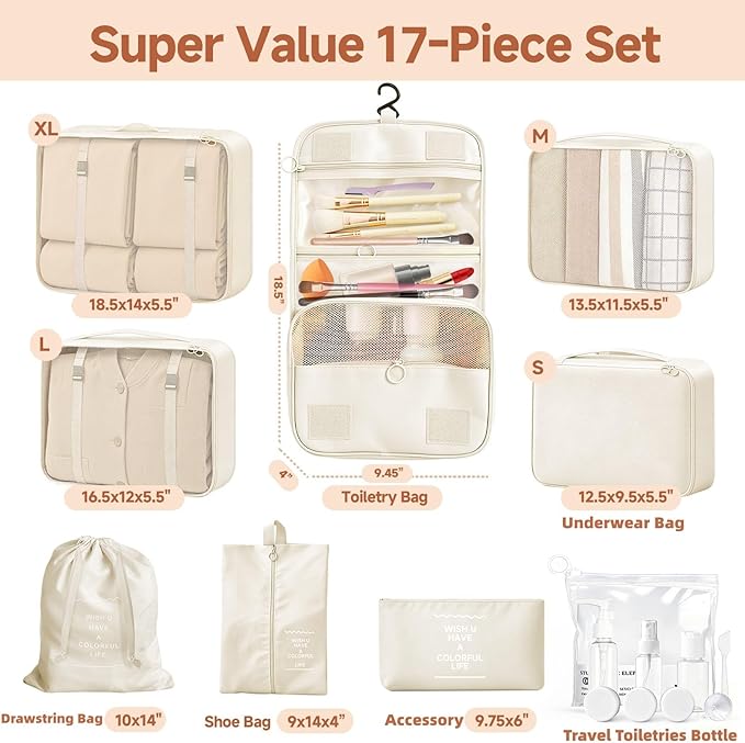 17 Set Packing Cubes for Travel, Luggage Organizer Bags with Travel Size Bottles, Lightweight Suitcase Organizer Bags Set, Travel Essentials and Accessories Packing Cubes for Women Men - Image 2