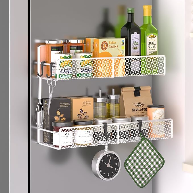Magnetic Spice Rack for Refrigerator, 2 Pack Metal Magnetic Shelf White, Moveable Spice Organizer with Hooks, Super Magnetic Fridge Shelf for Kitchen Organization and Storage by DTUQYX