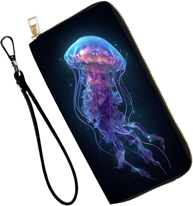 Women's RFID Blocking PU Leather Zip-Around Wallet, Large Capacity Clutch with Phone Holder, Travel Purse & Card Organizer with Removable Wristlet,Blue Jellyfish by Unknown