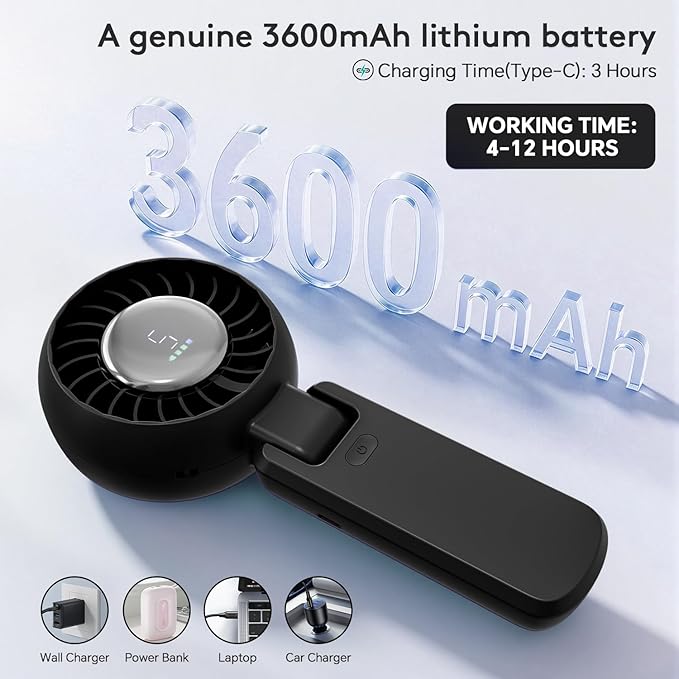 ZOZOO Portable Fan, USB Rechargeable 194°Folding Handheld Fan,5 Speed&LED Display &High Power Motor Table Fan, 3 IN 1 Quiet Strong personal Neck fans for Travel,Camping,Beach (Black) - Image 3