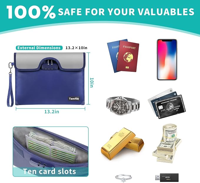 5200°F Fireproof Money Bag with Lock, Water Fireproof Document Bag with Zipper, 8 Layers Fire Insulation, Fireproof Safe Storage Pouch with Lock for Cash, Passport, Certificate(10" x 13", Blue) - Image 4