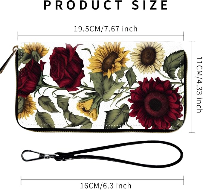 Wallet,Leather Long Wallet Suitable For Ladies And Teenagers - Detachable Wristband + RFID Travel Wallet With Card Slot - Roses Sunflower - Image 2