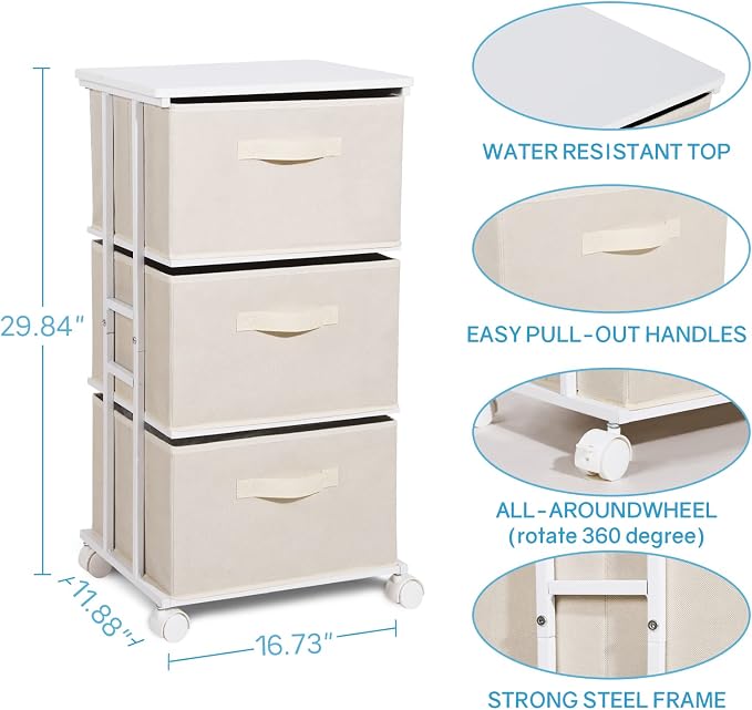 MAX Houser Dresser Tower with 3 Drawers for Bedroom, Fabric Storage Organizer Unit, Chest of Drawers with with WoodTop, Small Vertical Storage for Guest Room, Closet, Entryway(Beige) - Image 3