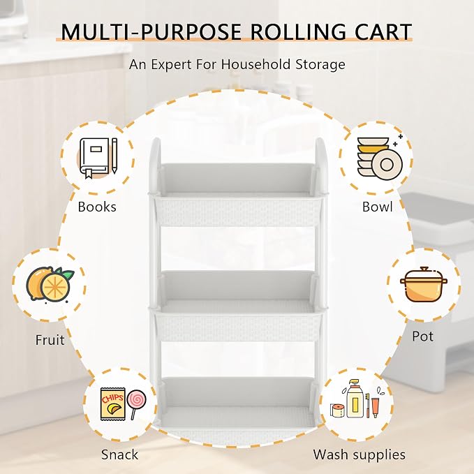 MOYIPIN 4-Tier Plastic Rolling Utility Cart with Handle,White | Utility Storage Cart for Office, Living Room, Kitchen,Movable Storage Organizer，Easy installation，Rattan-like art design - Image 5