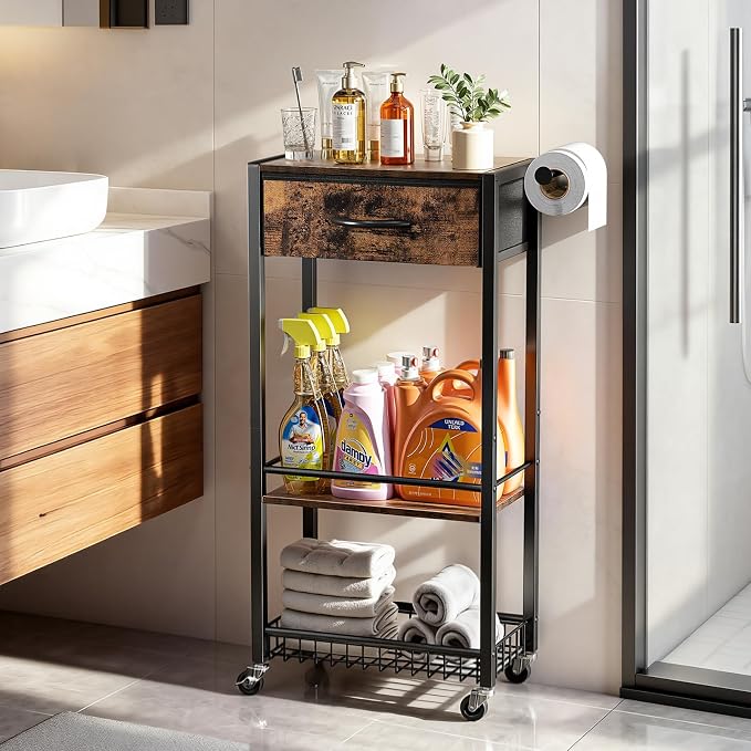 Lewondr 3-Tier Slim Storage Cart with Drawer, Rolling Utility Cart, Black | Handle & Lockable Wheels, with Wood Top, Metal Frame, Kitchen Bathroom Laundry Room Organizer for Small Spaces by Lewondr