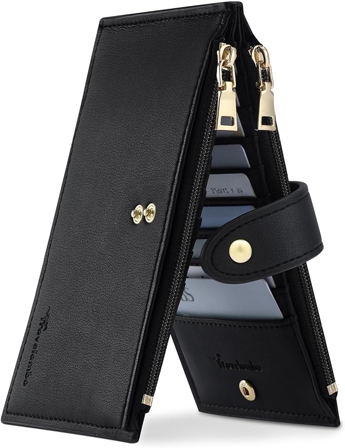 Travelambo Womens Leather Bifold Wallet, Slim RFID Blocking Card Holder | Large Capacity, 16 Card Slots & ID Window, 2 Zipper Pockets, Dual Snap Closure, Slim Lightweight, RFID Privacy Protection by Travelambo
