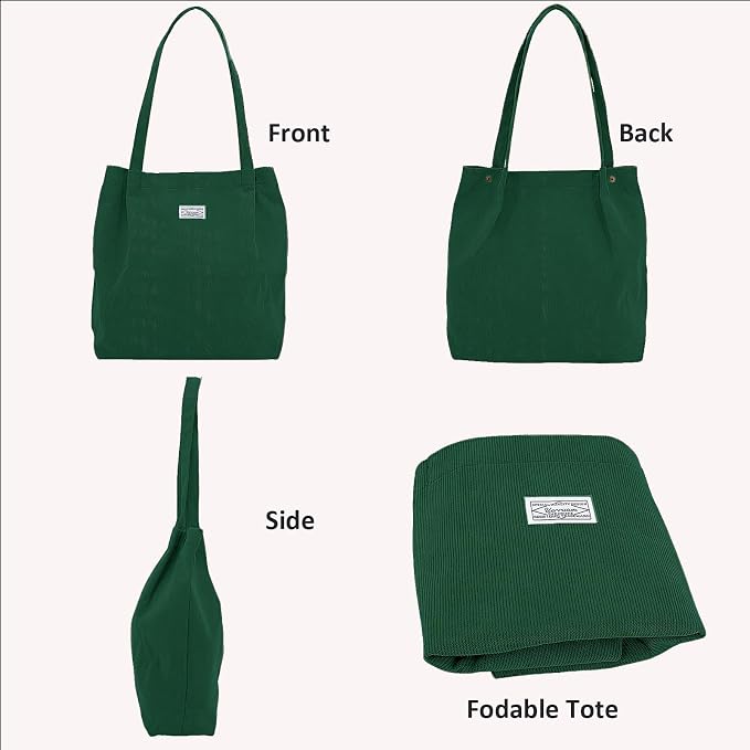 UERRUAM Corduroy Tote Bag for Women with Inner Pockets, Cute Go-to Bag | Slouchy Shoulder Bag for Everyday, Work, Books, Beach & Grocery Shopping, Lightweight Washable Foldable, Cloth Purse - Image 3