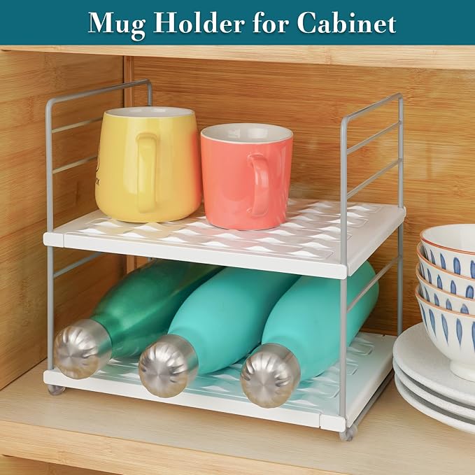 Water Bottle Organizer For Cabinet, Adjustable Tumbler Storage, Expandable Water Bottle Holder For Kitchen Organization, 2 Tier Cup Organizer For Sports Flask Insulated Travel Mug Fridge, White - Image 3