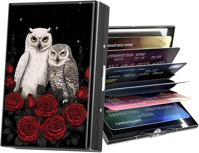 Metal Wallet,Credit Card Holder for Women Men,RFID Blocking Card Holder Wallet Mini Slim Aluminum Wallet ID Case Hard Card Case Business Card Holder Case,Owl Red Flower by ACWDMKH