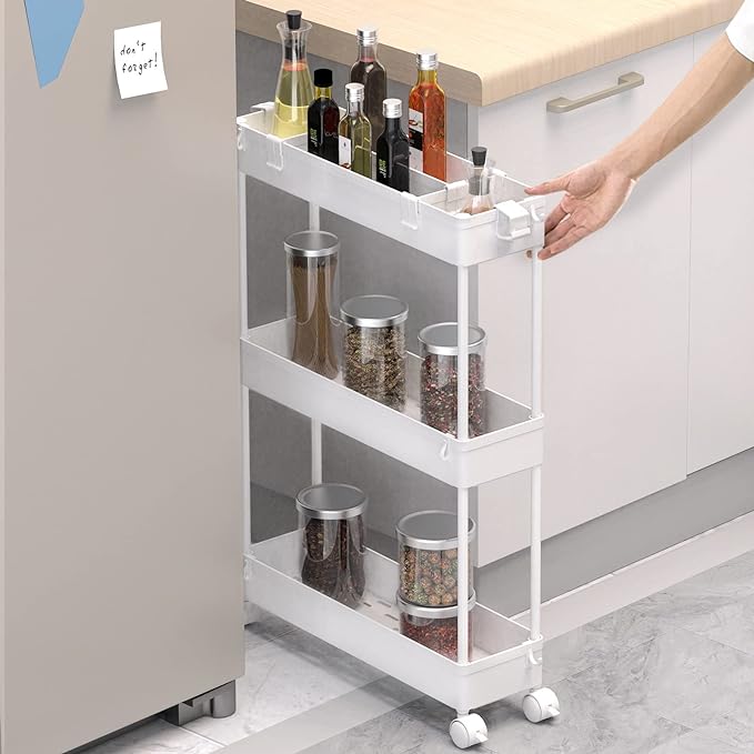 Slim Storage Cart 3 Tier,Bathroom Organizer Rolling Utility, Mobile Shelving Unit Slide Out for Office, Kitchen, Laundry Room & Narrow Places,White - Image 2