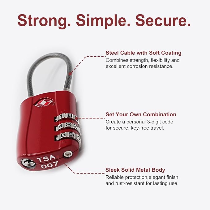 TSA Locks for Luggage, Small Padlock Combination with Cable, Luggage Locks TSA Approved, Combo Padlock with Code, for Travel Suitcase, Gym Locker, Gun Case, Backpack Zipper (Black+Red) - Image 4