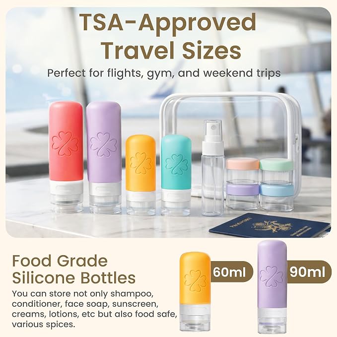 26-Piece TSA Approved Travel Toiletry Kit, Leak-Proof Silicone Refillable Bottles for Shampoo, Conditioner & Lotion, Travel Size Containers with Pill Organizer, Spray Bottle & Sewing Kit - Image 3